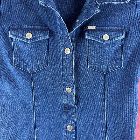 GUESS DENIM SHIRT DRESS MEDIUM CAP SLEEVE BUTTON FRONT NAVY BLUE - Picture 3 of 11